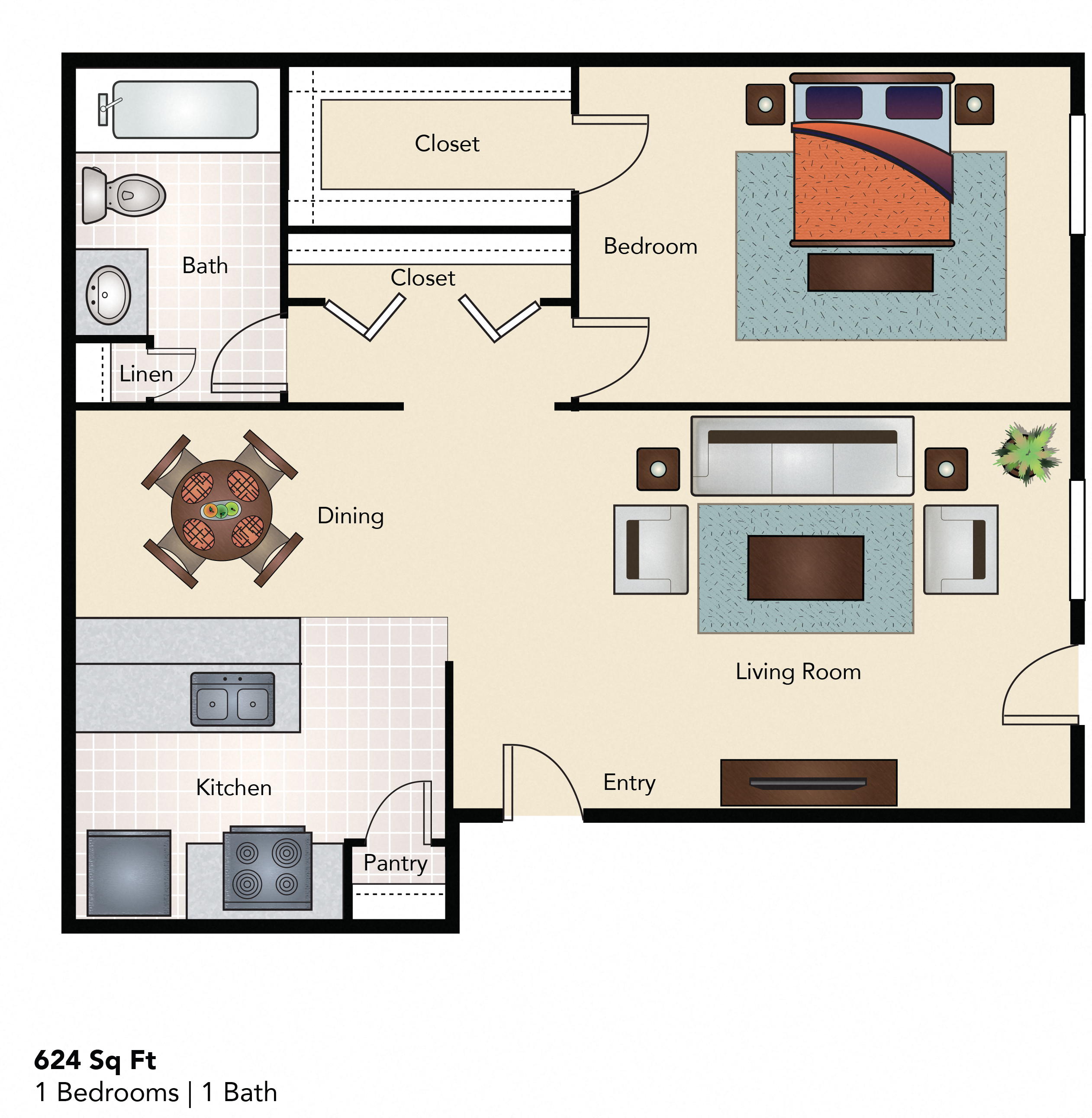 Floor plan for 1 bed, 1 bath, 624 sqft